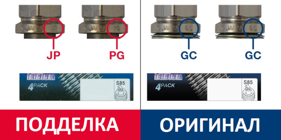 Слева поддельная свеча Denso. Вместо гравировки JP (Japan) выгравировано PG. Слева оригинальные свечи Denso. Нанесена гравировка GC.