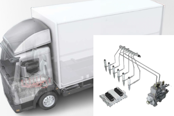 Полупрозрачное изображение грузовика, на котором красным подсвечены элементы топливной системы Common Rail, расположенные под водительским креслом. В правом нижнем углу, перекрывая изображение грузовика, наложено каталожное изображение системы Common Rail.