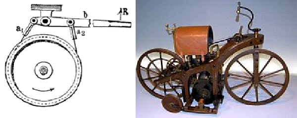 Слева схема устройства ленточного тормоза с обозначением трёх узлов. Справа музейный экспонат мотоцикл Даймлера.
