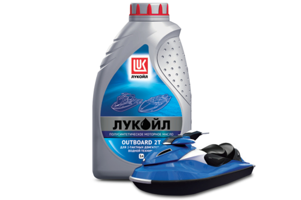Литровая упаковка моторного масла Лукойл OUTBOARD 2T с водного скутера.