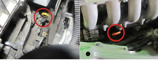 Две фотографии, на которых за другими узлами моторного отсека видны корпуса АКПП и ручки щупов.