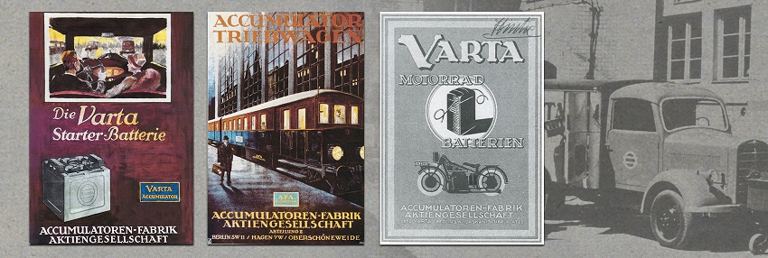 На фоне чёрно-белой фотографии грузового автомобиля 30-40-х годов три плаката с рекламой Varta тех времён.
