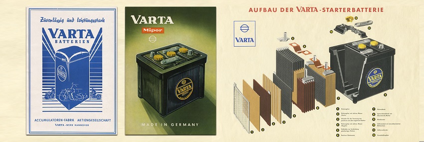 Справа два рекламных плаката Varta 30-х годов. Слева на плакате схема устройства аккумуляторной батареи Varta тех же годов.