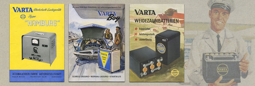  На фоне рекламного плаката Varta 30-х годов размещены ещё три рекламы тех же лет.