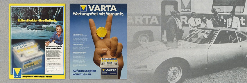 На фоне чёрно-белой фотографии спортивного автомобиля размещены два рекламных плаката Varta 60-70-х годов.