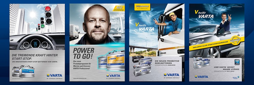 На тёмно-синем фоне четыре современных рекламных плаката аккумуляторов Varta.
